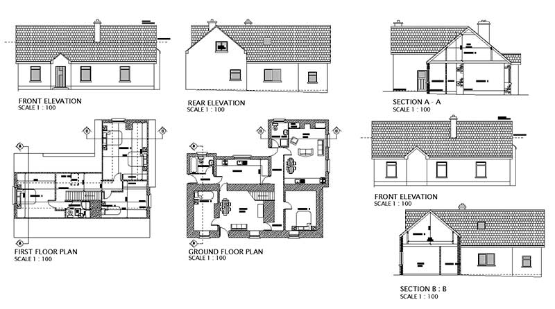Müstakil ev projesi plan, kesit ve görünüş çizimi.